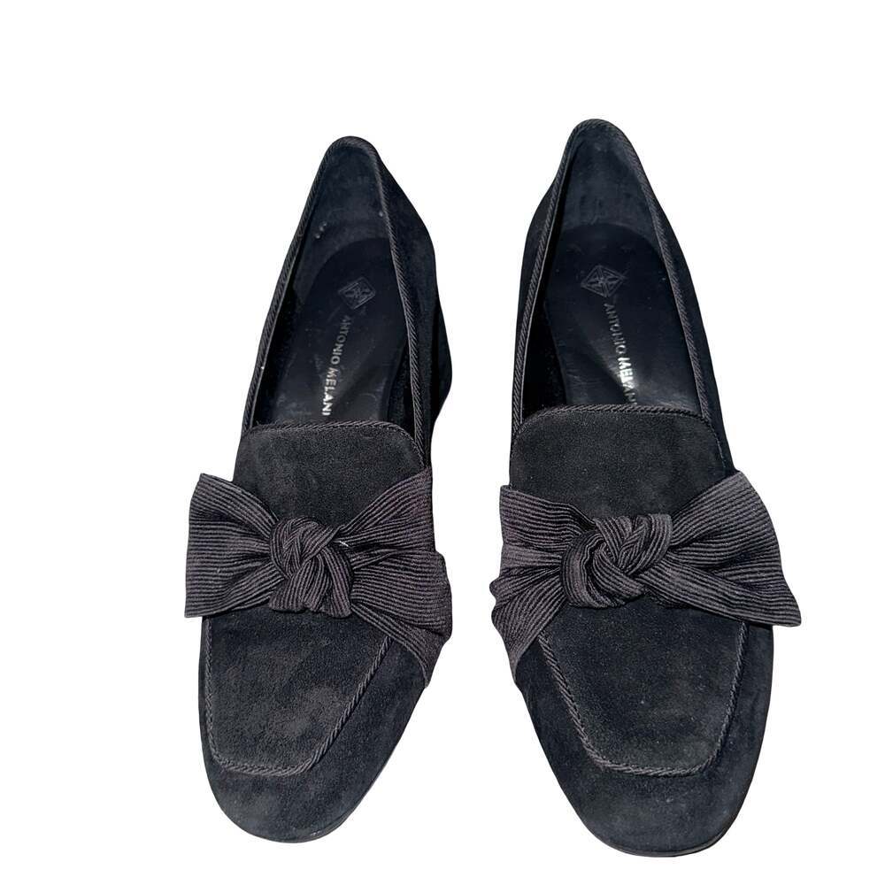 Antonio Melani Black Suede Bow Block Heel Loafers Size 6M